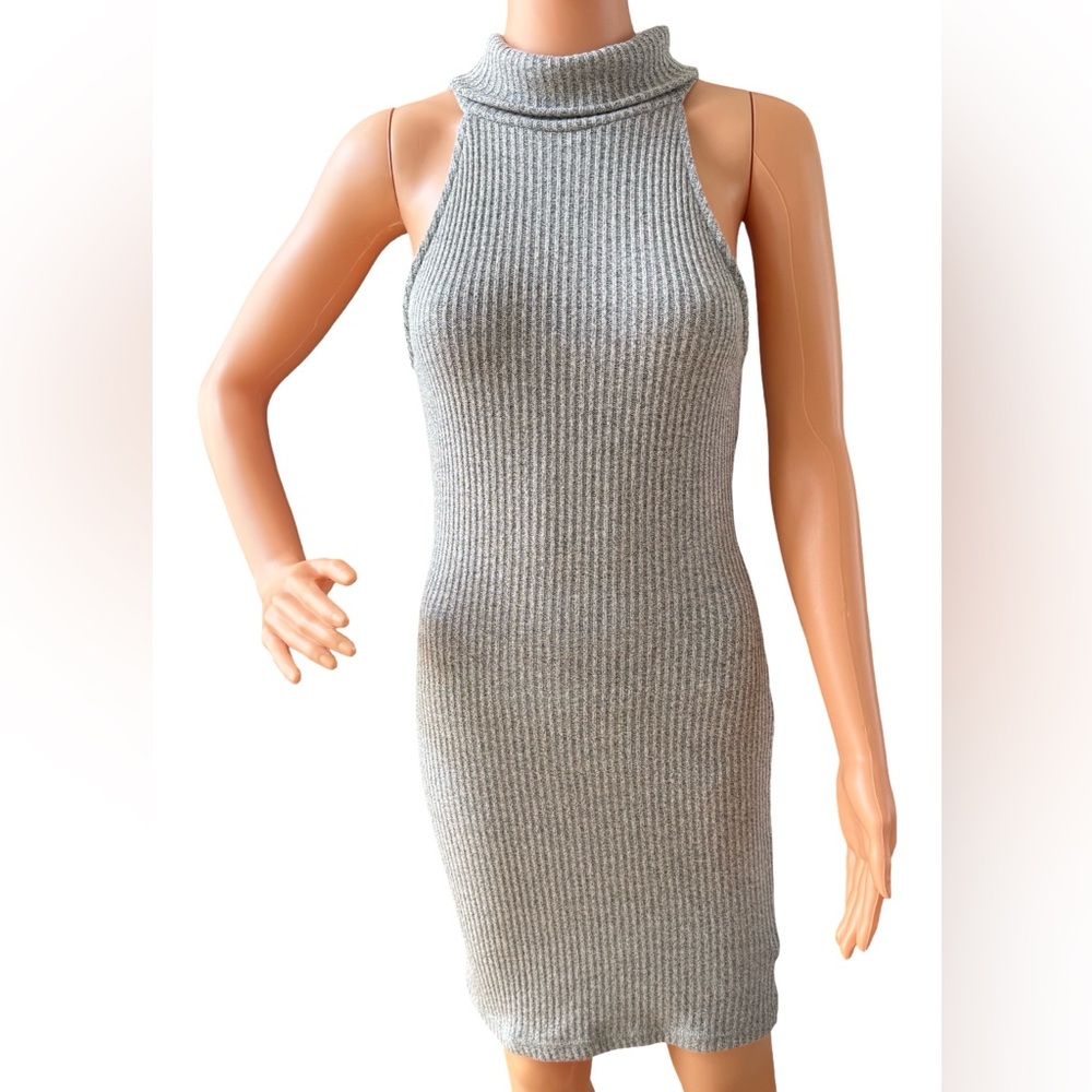 Topshop Light Grey Ribbed Halter Turtleneck knit Mini Dress